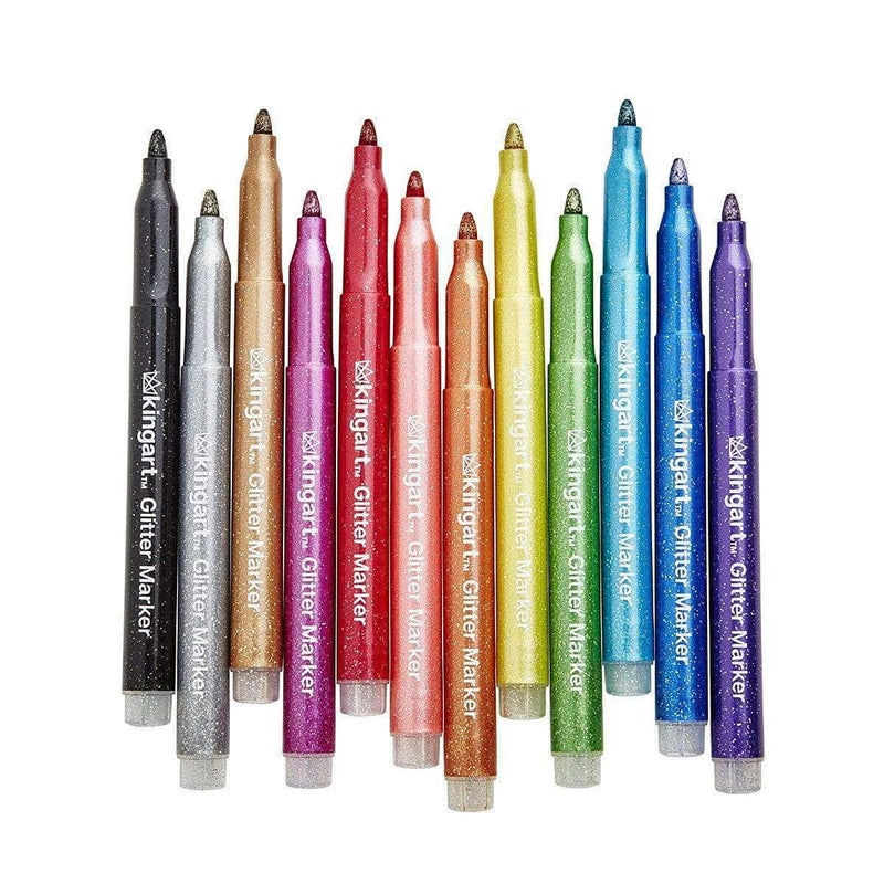 KINGART GLITTER MARKERS 12 Sparkling Colors with Gold & Silver, Non-Toxic Water Based Glitter Pens Writes on Multiple Surfaces with Bullet tip for Adult Coloring Books, Craft, Doodling, Drawing - Image 2